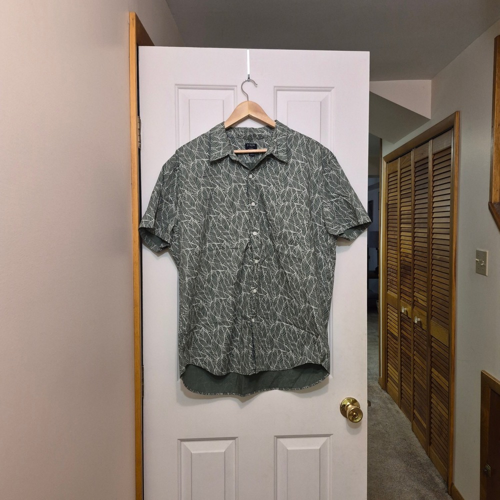 J.Crew Mens XXL Flex Washed Short Sleeve Button Down Shirt Green Leaf Print